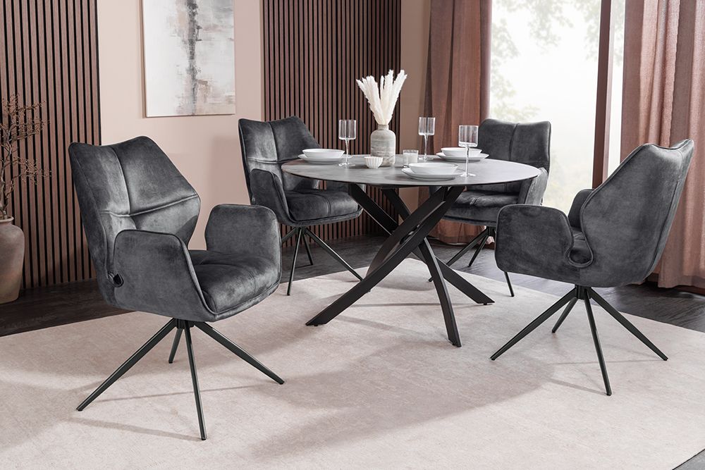 Drehbarer Design Stuhl CONCORD dunkelgrau Samt Taschenfederkern Metallgestell schwarz