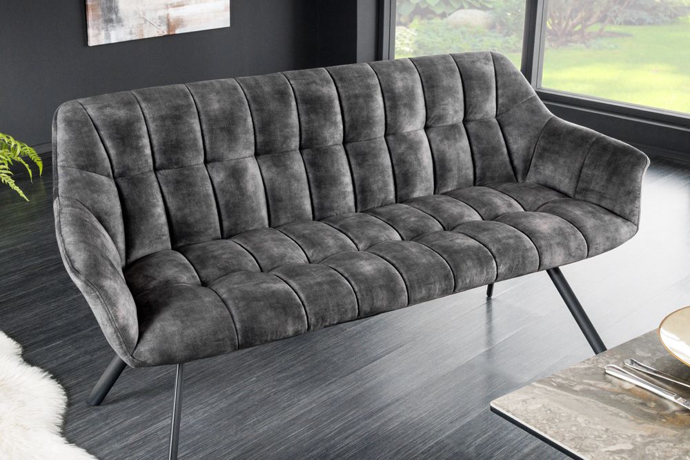 Esszimmer Sitzbank PAPILLON 165cm grau Samt mit Rückenlehne schwarzes Metallgestell