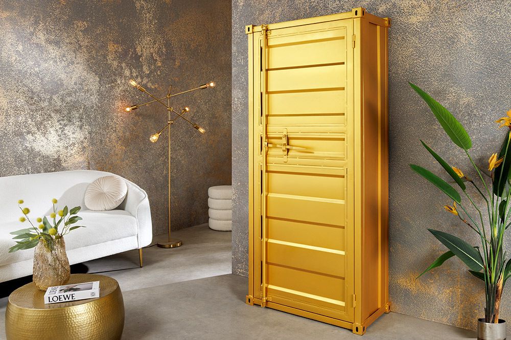 Design Aktenschrank GLOBETROTTER 180cm gold Eisen Container Upcycling Highboard