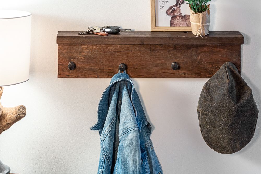 Massive Wandgarderobe HEMINGWAY 60cm natur recyceltes Teakholz mit Ablage