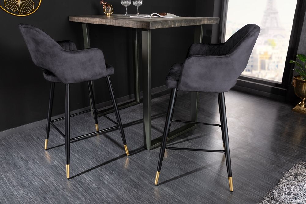 Design Barhocker PARIS grau Samt mit Lehne Metall schwarz gold Ziersteppung