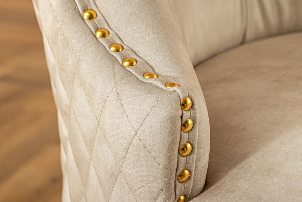 Barock Stuhl CASTLE DELUXE beige Samt gold Edelstahl mit Löwenkopf Ziernieten
