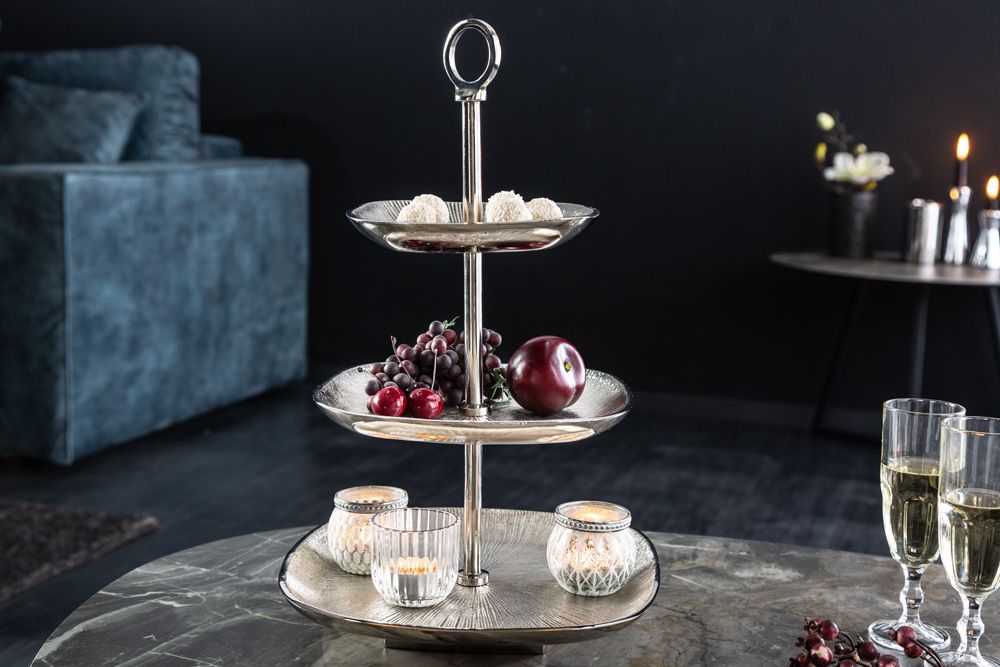 Moderne Etagere ORIENT 45cm silber Hammerschlag-Design mit drei Etagen