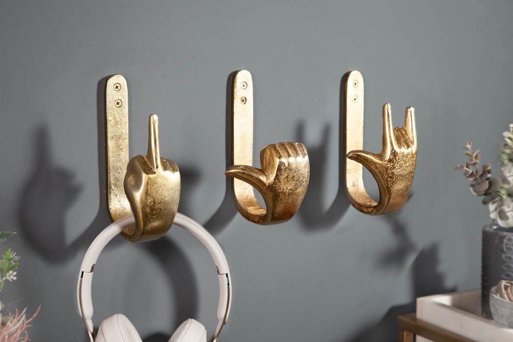 Extravagante Kleiderhaken FINGERS gold Metall-Aluminium 3er Set Wandgarderobe