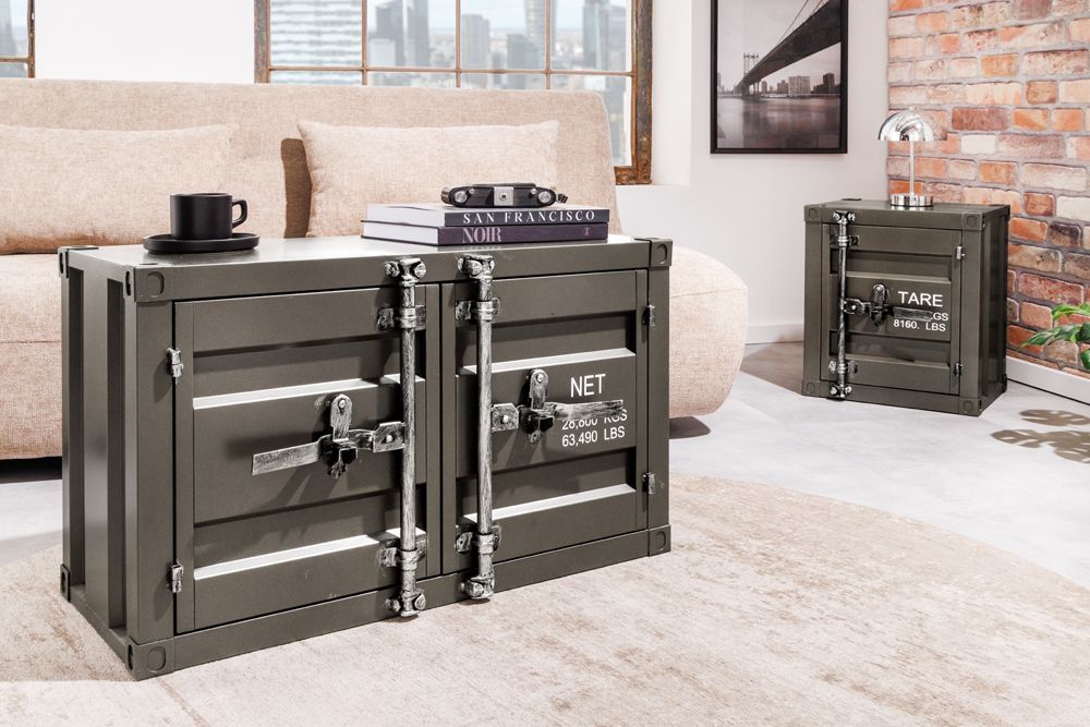 Container-Schrank GLOBETROTTER 80cm anthrazit Metall Couchtisch mit Flügeltüren Kommode