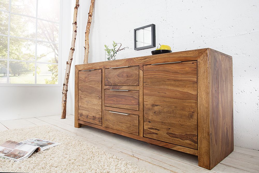Massivholz Sideboard PURE 135cm braun Sheesham stone finish Kommode mit Schubladen