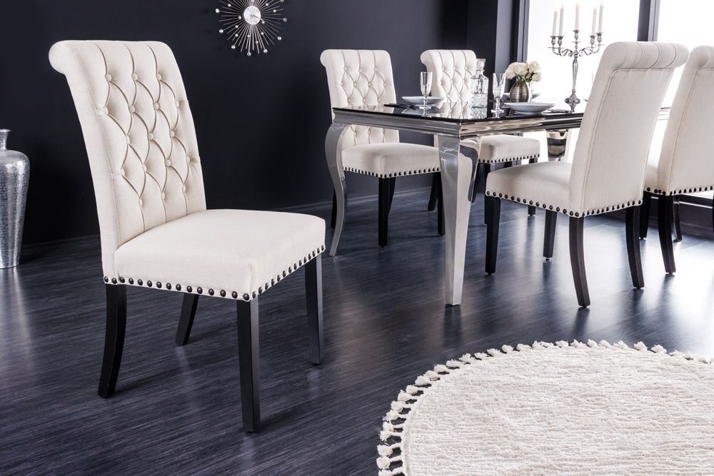 Design Stuhl CASTLE beige schwarz Strukturstoff Holzfüße Chesterfield