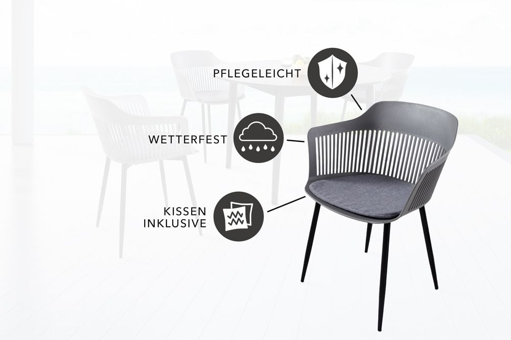 Design Stuhl AIRE grau Kunststoff Stahlgestell Indoor Outdoor inkl. Kissen