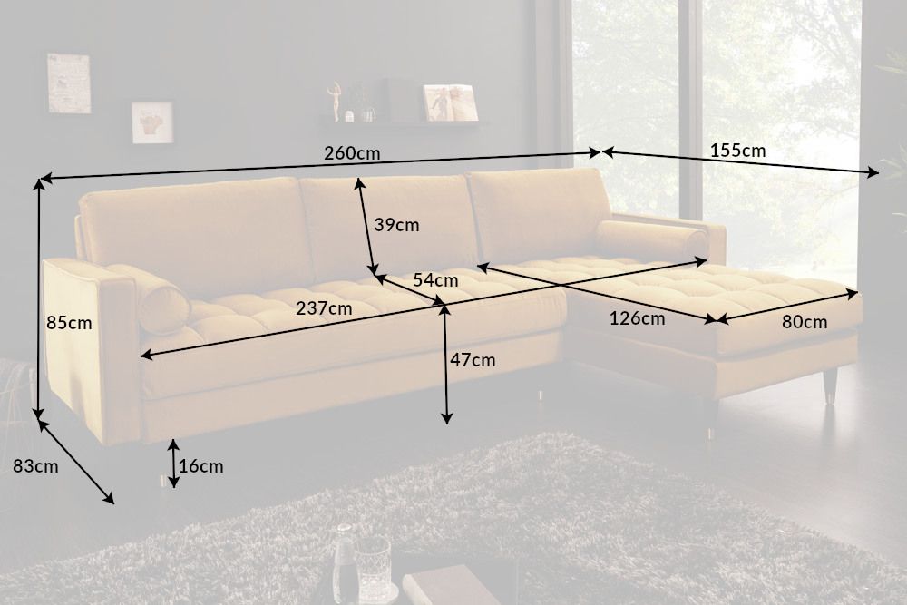 Elegantes Ecksofa COZY VELVET 260cm senfgelb Samt Federkern 3-Sitzer