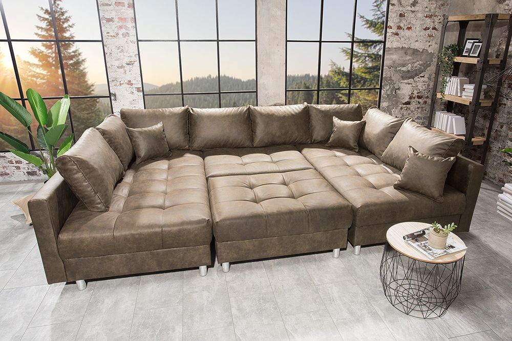 Moderne XXL Wohnlandschaft KENT 305cm taupe Federkern Bigsofa inkl. Hocker