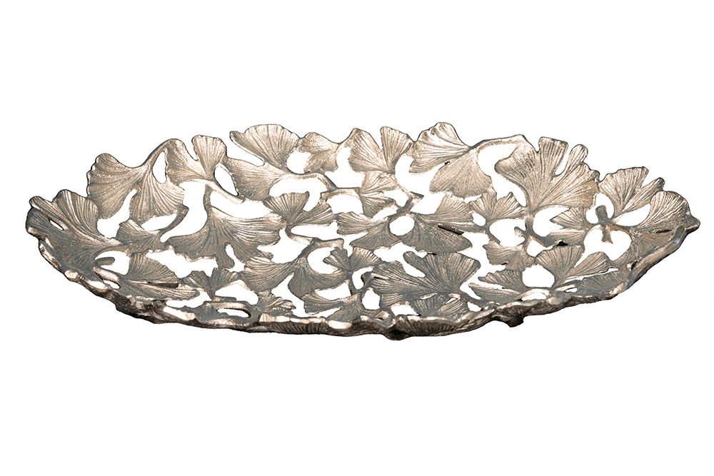 Dekorative Schale GINKGO LEAFS 40cm silber handmade Metall