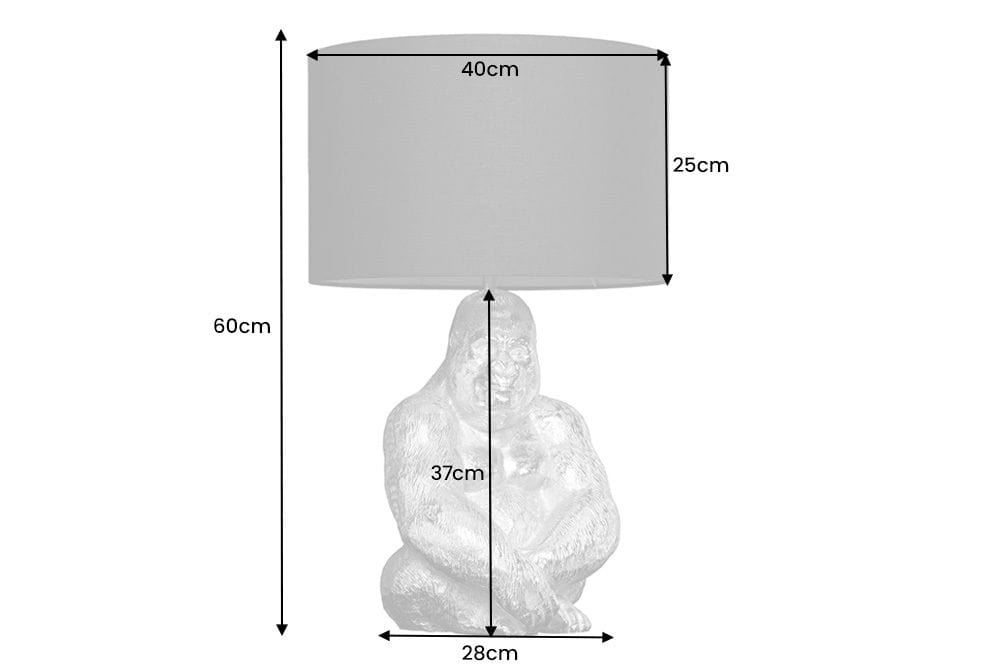 Handmade Tischlampe KONG 60cm silber Metall Affe Gorilla Dekoleuchte schwarzer Lampenschirm