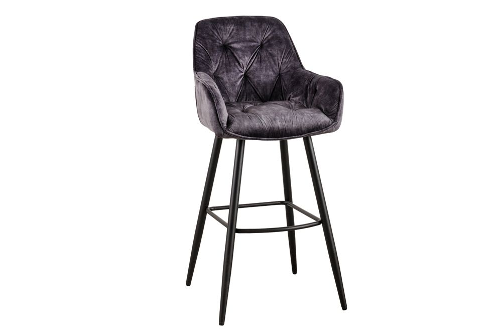 Design Barhocker MILANO grau Samt Barstuhl mit Lehne Metall schwarz Chesterfield-Steppung
