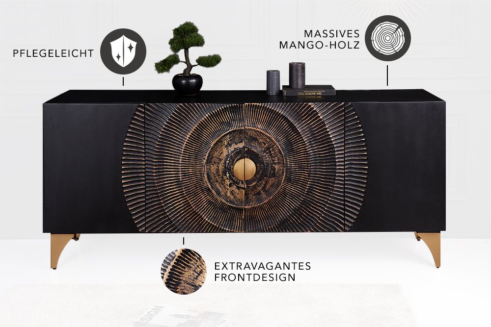 Handgearbeitetes Sideboard GOLDEN SUNSET 180cm schwarz mit 3D Schnitzereien gold Mangoholz Metallbeine