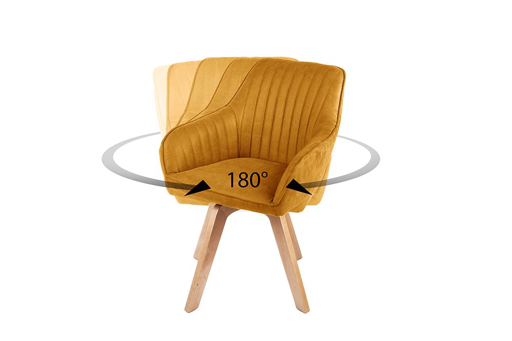 Drehbarer Design Stuhl LIVORNO senfgelb Samt Buchenholz Beine mit Armlehnen
