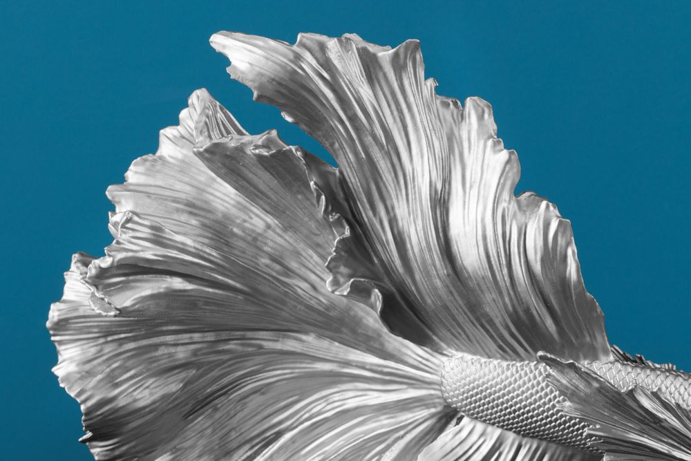 Design Deko Figur Kampffisch CROWNTAIL 35cm silber Betta Fisch Skulptur