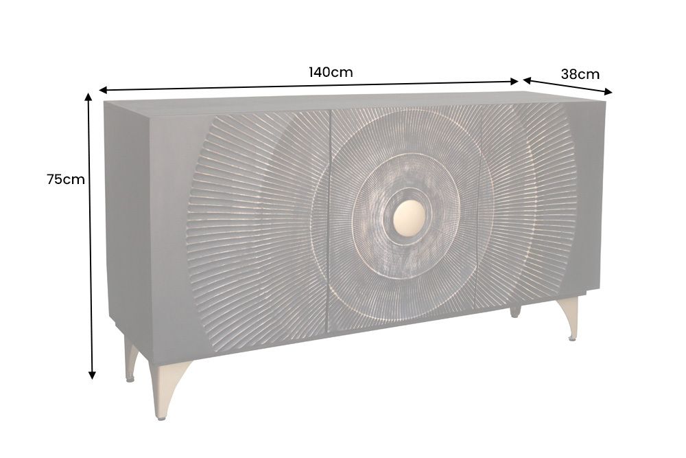 Handgearbeitetes Sideboard GOLDEN SUNSET 140cm schwarz mit 3D Schnitzereien gold Mangoholz Metallbeine