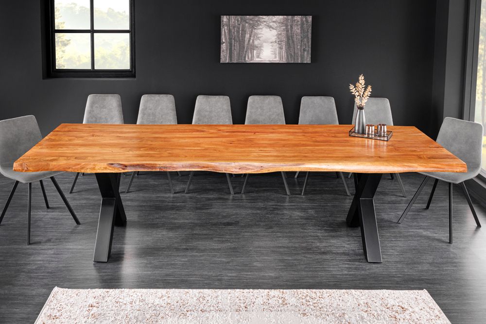 Massivholz Esstisch MAMMUT 300cm Akazie X-Gestell schwarz Metall Baumkante 6cm Tischplatte