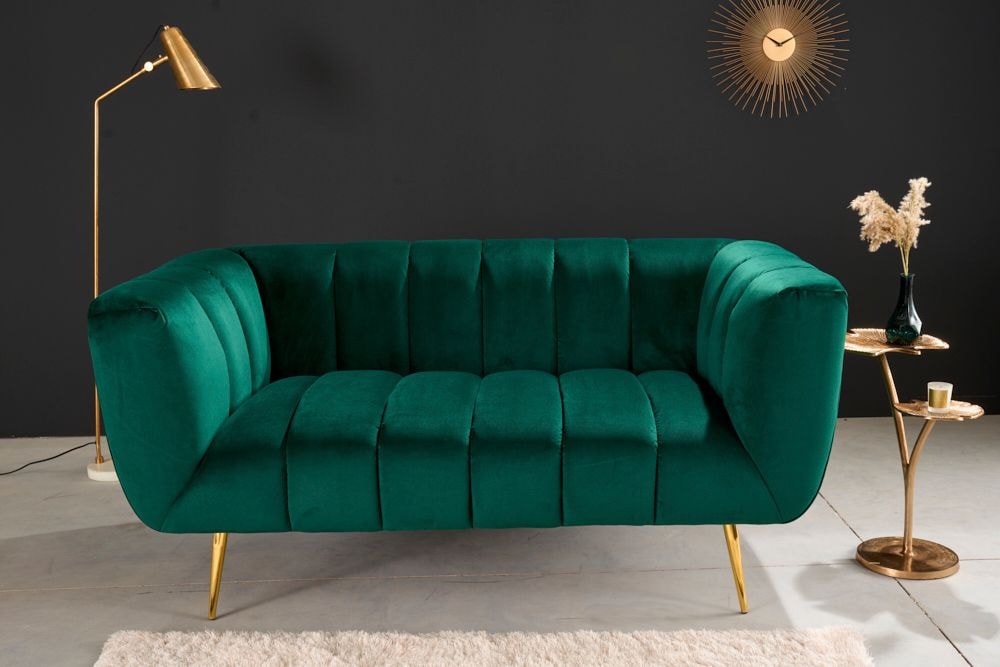 Design 2-Sitzer Sofa NOBLESSE 165cm smaragdgrün Samt Federkern goldene Metallfüße