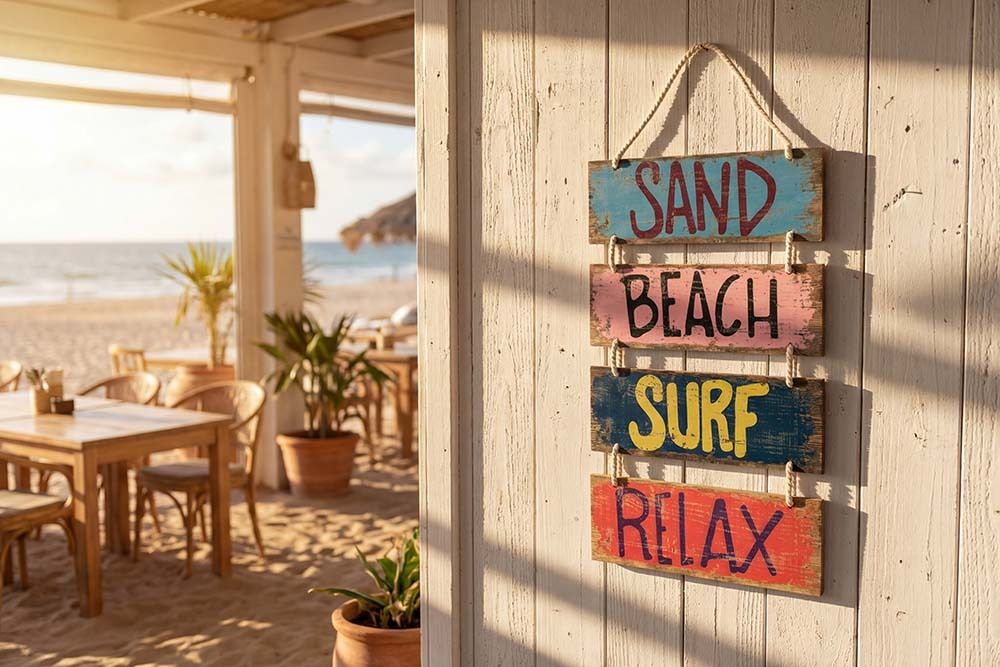 Maritimes Wandschild SURF & BEACH 110cm buntes Holzdesign Deko-Schild