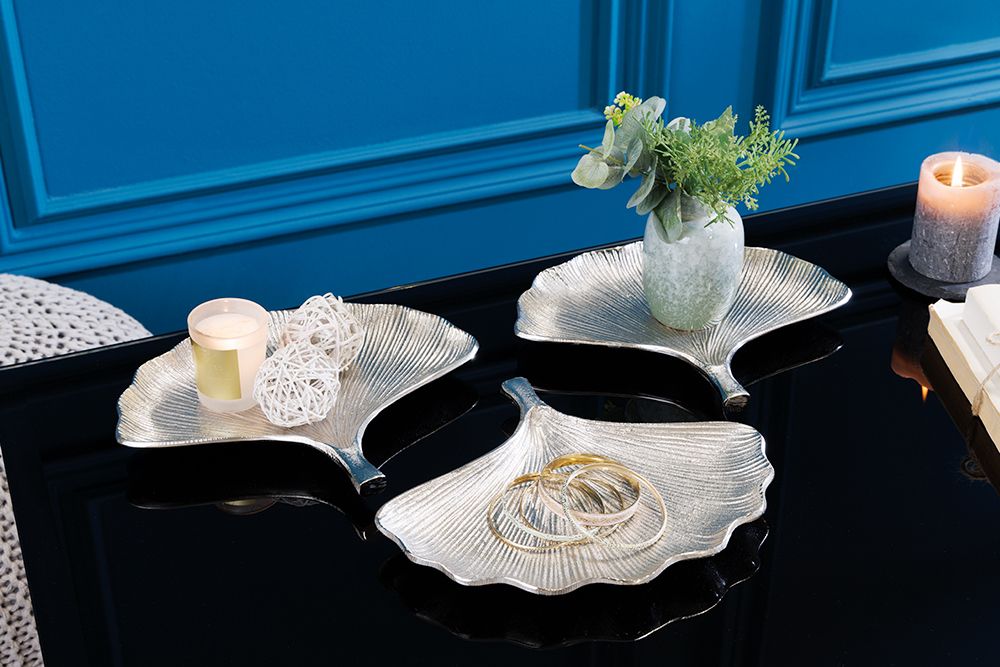 Dekoratives Schalen 3er Set GINKGO 30cm silber handmade Metall