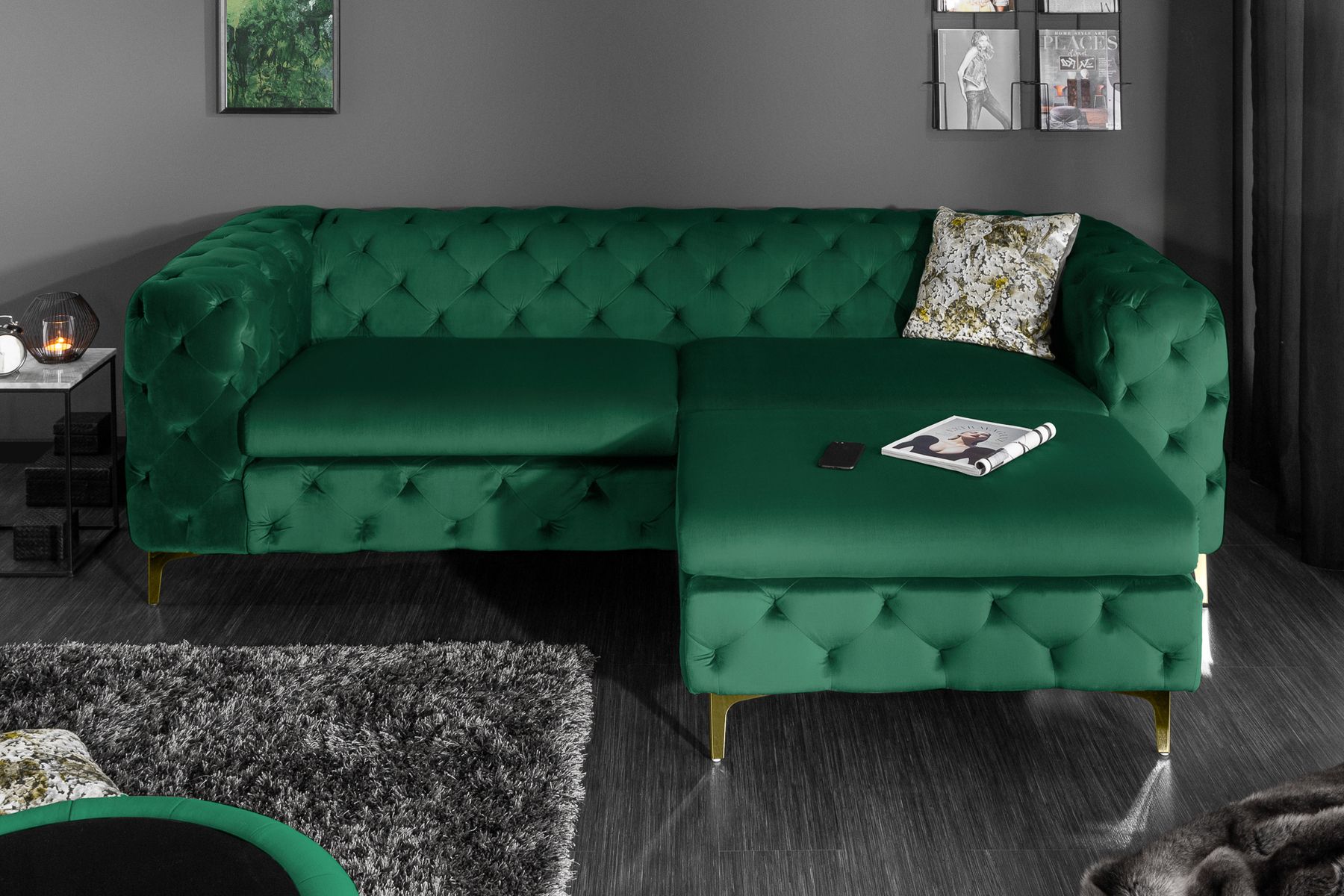 Chesterfield 3-Sitzer Sofa MODERN BAROCK 235cm smaragdgrün Samt Federkern gold Metallfüße