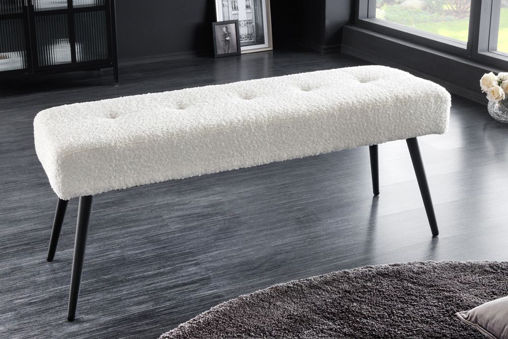 Design Sitzbank BOUTIQUE 100cm weiß Bouclé schwarze Metallbeine Polsterbank