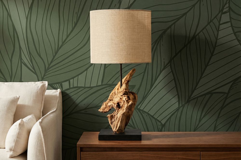 Treibholz Tischlampe HYPNOTIC 60cm natur Leinen-Schirm
