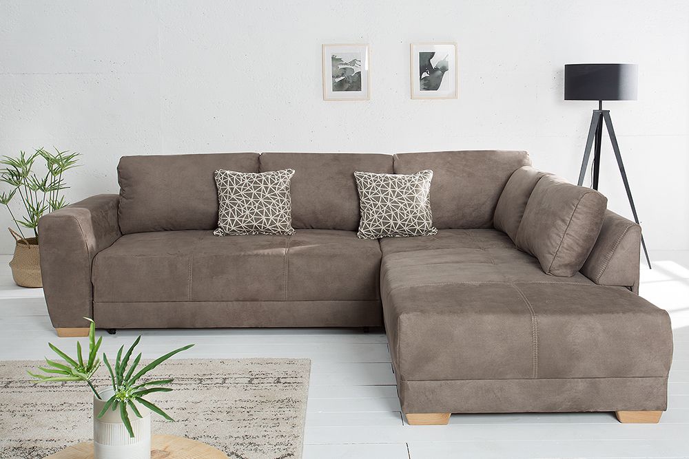 Modernes Ecksofa NORWAY 250cm taupe Microfaser Schlafsofa mit Bettkasten Federkern