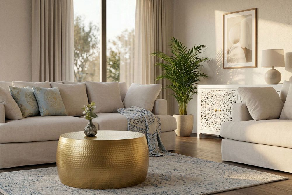 Runder Couchtisch ORIENT III 60cm gold Metall Hammerschlag Design handmade