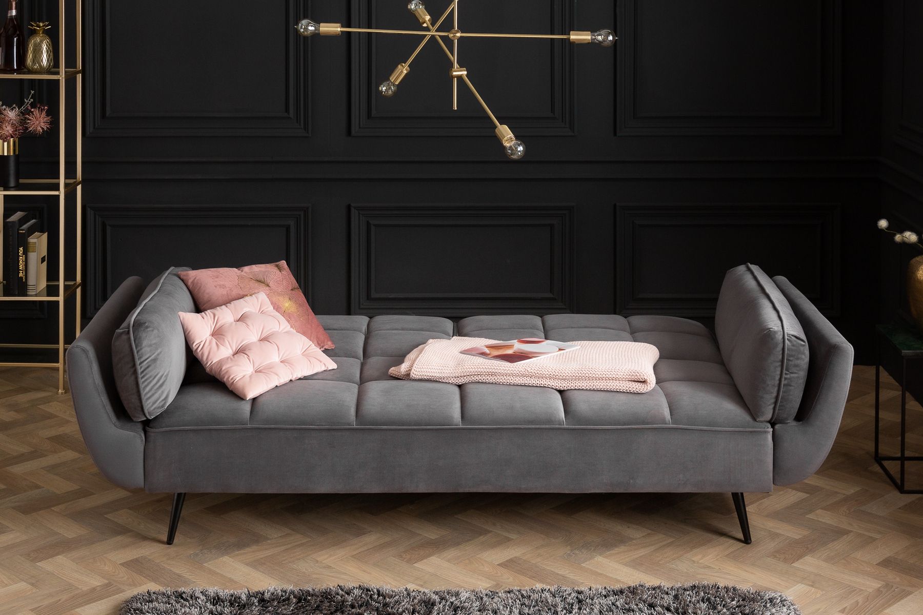 Retro Schlafsofa BOUTIQUE 215cm grau Samt 3-Sitzer mit schwarzen Füßen