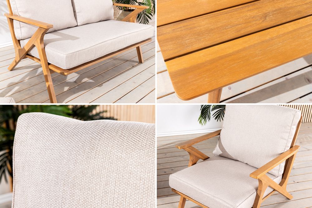 Wetterfestes Gartenlounge-Set COMFORT LINE natur beige Akazie 4-teilig inkl. Tisch
