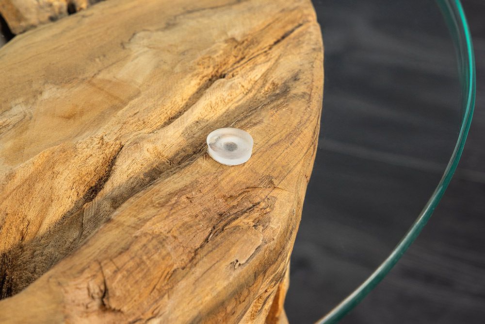 Handgearbeiteter Couchtisch RIVERSIDE 60cm Teakholz runde Glasplatte Massivholz