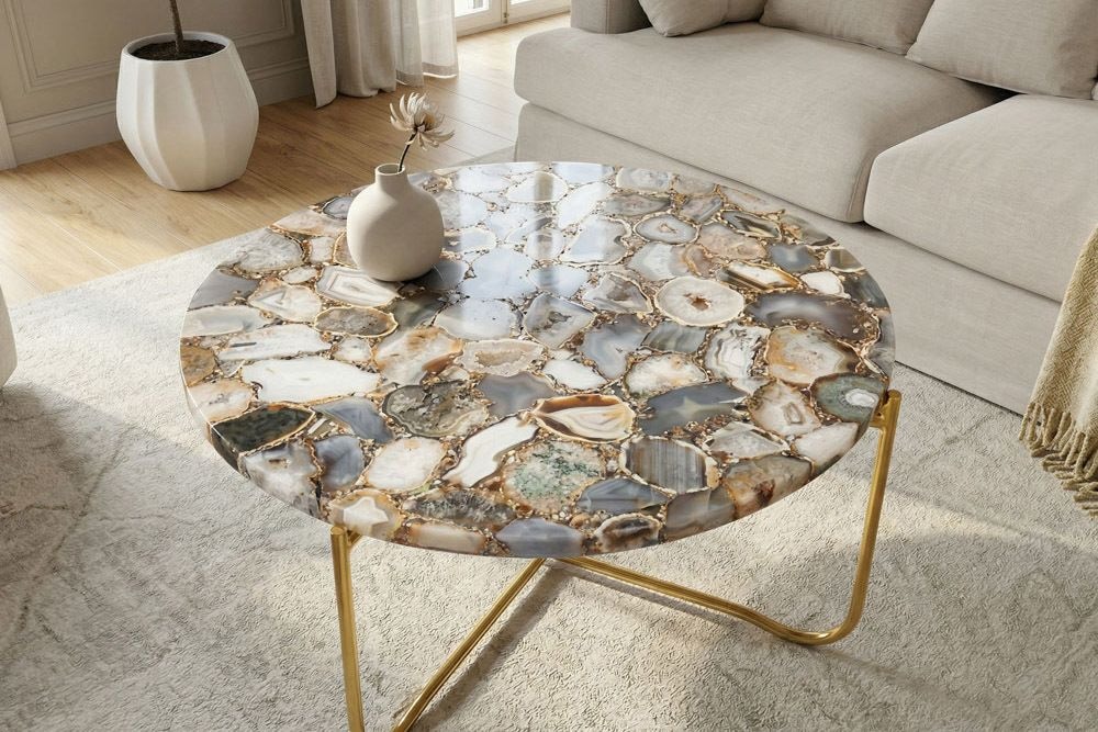 Runder Couchtisch NOBLE 65cm Edelstein Achat abnehmbare Tischplatte goldenes Metallgestell