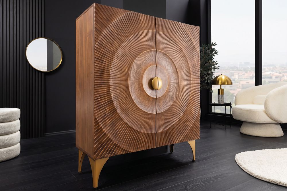 Massives Highboard GOLDEN SUNSET 120cm braun gold Mangoholz mit 3D Schnitzereien