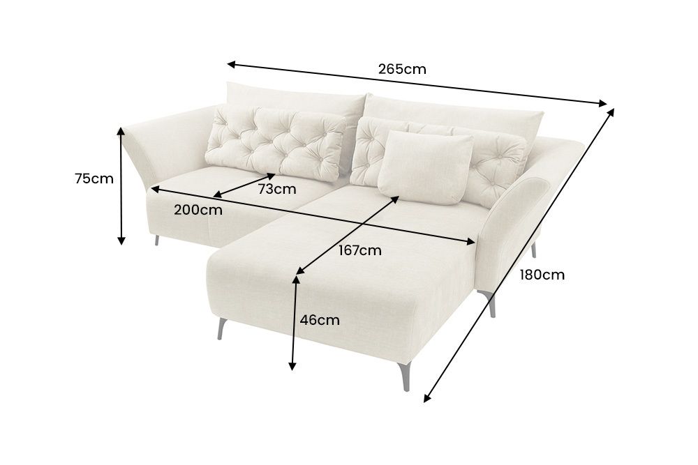 Modernes Ecksofa MARRAKESCH 265cm beige Samt 3-Sitzer inkl. Kissen Ottomane rechts
