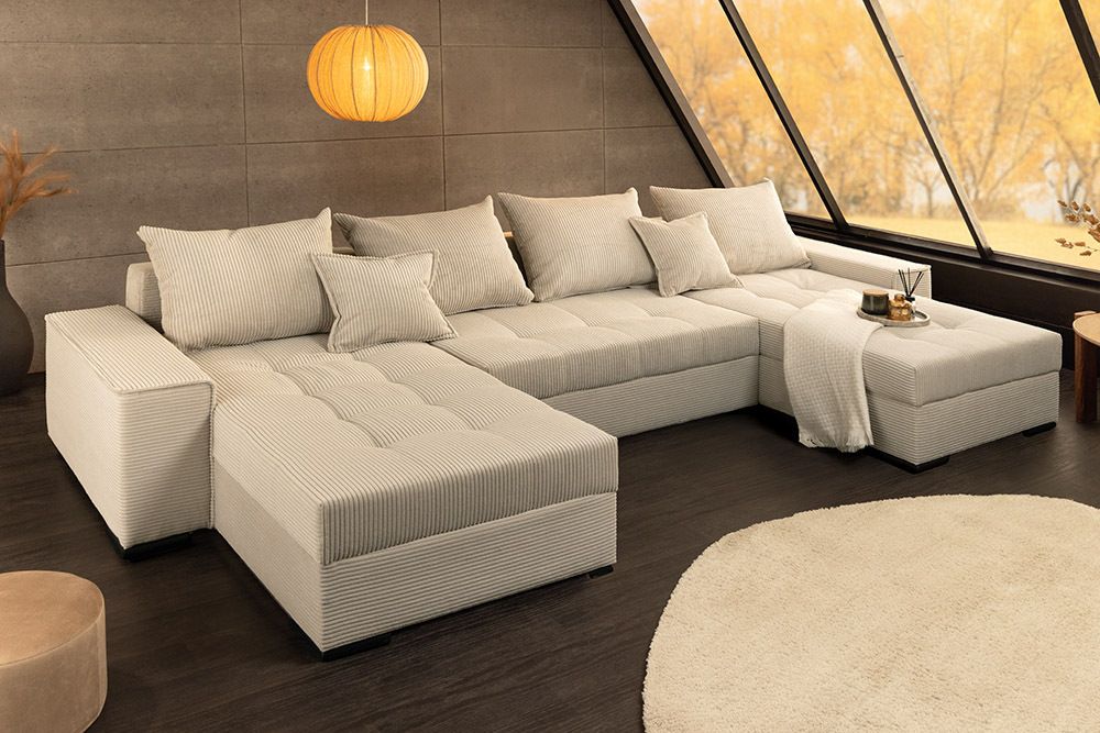 XXL Wohnlandschaft LODGE 315cm champagner beige Cord Sofa mit Schlaffunktion » Jetzt kaufen