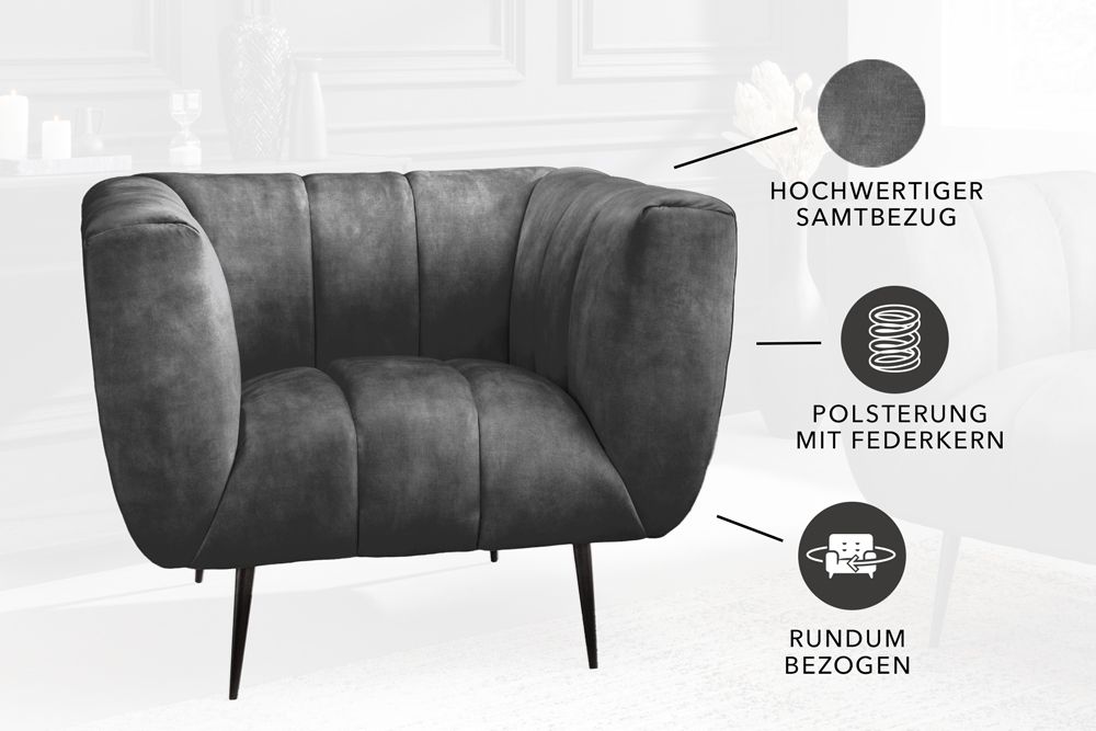 Retro Sessel NOBLESSE 105cm grau Samt schwarze Metallfüße Federkern Ziersteppung