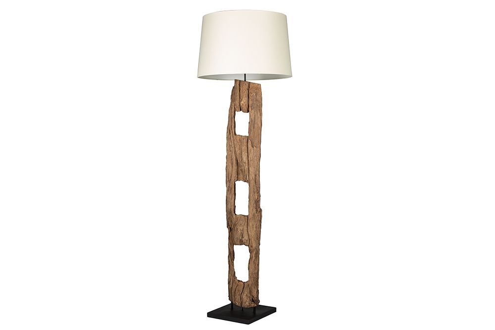 Massive Stehlampe BARRACUDA 177cm natur Akazienholz Baumwollschirm weiß Baumstamm
