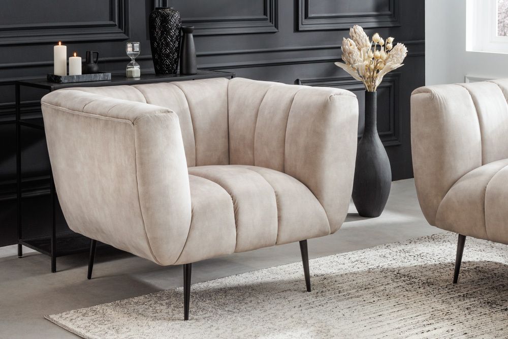 Retro Sessel NOBLESSE 105cm champagner beige Samt mit Ziersteppung