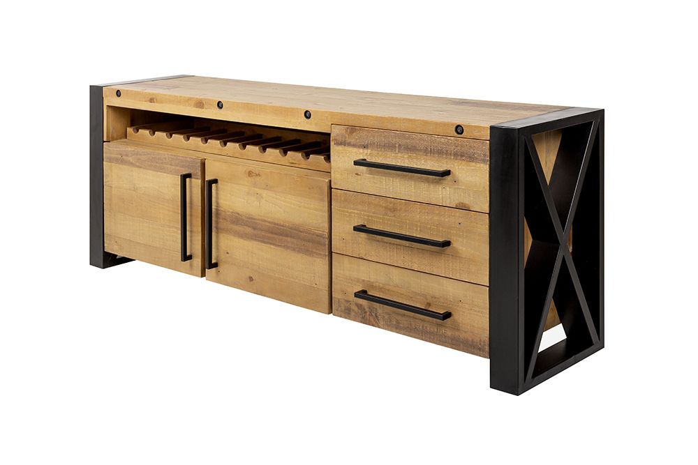 Massivholz Sideboard THOR 195cm braun Pinie mit Schubladen Weinregal Industrial Design