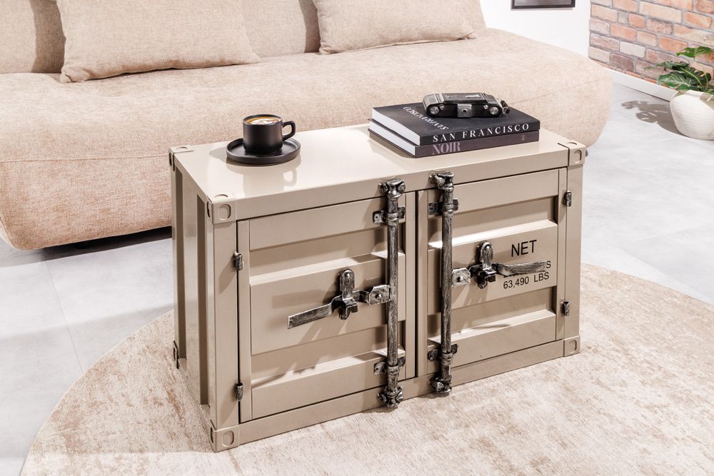 Container-Schrank GLOBETROTTER 80cm greige Metall Couchtisch mit Flügeltüren Kommode