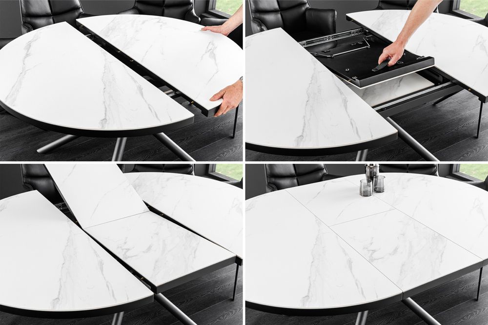 Ausziehbarer Esstisch MIKADO 120-160cm weiß Keramik oval schwarz Sterngestell