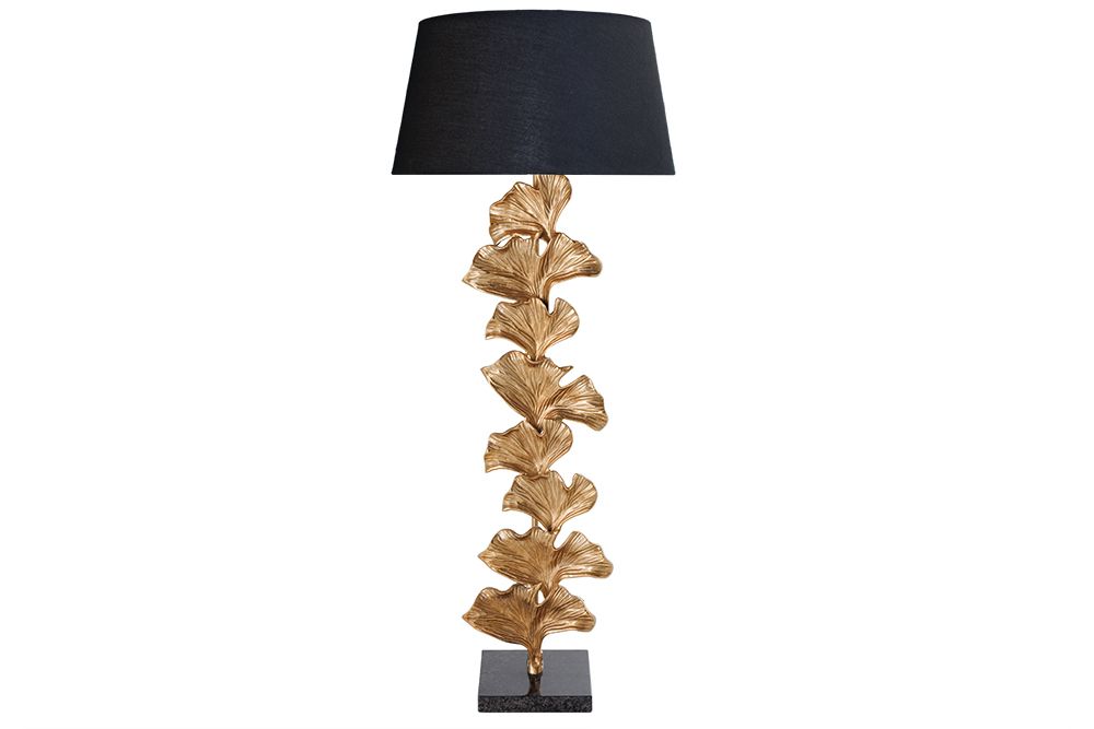 Design Stehlampe GINKGO 122cm schwarz Stoffschirm gold Metall handmade Marmor-Fuß
