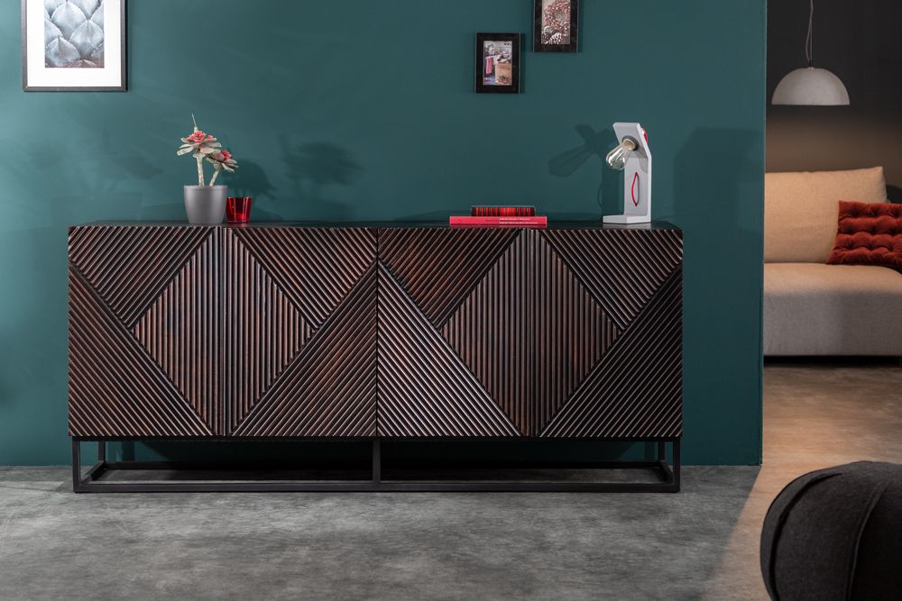Massives Sideboard CREATIVO 180cm Mangoholz aufwändige 3D Front Retro Design