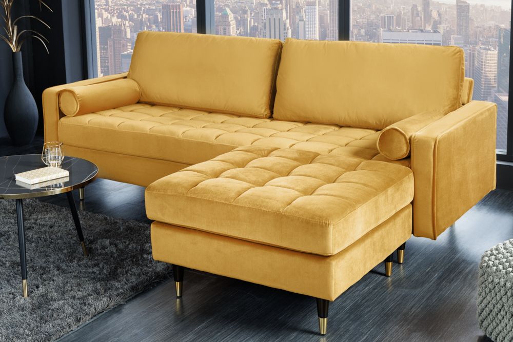 Design Hocker COZY VELVET 80cm senfgelb gold Samt Metallfüße