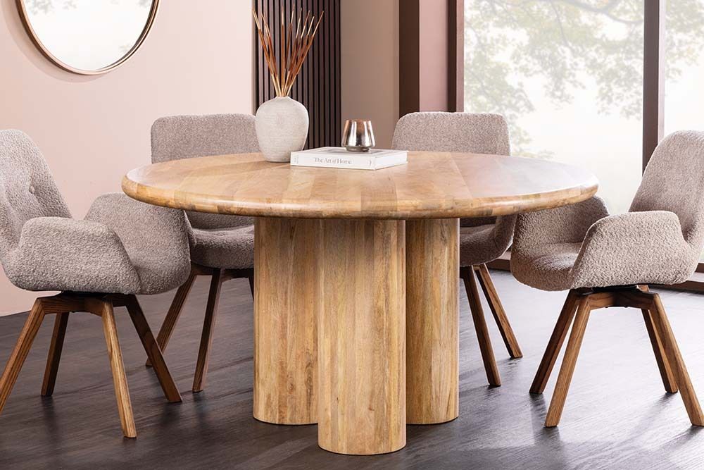 Runder Esstisch ART DECO 140cm natur Mangoholz massiv mit Säulenfüßen