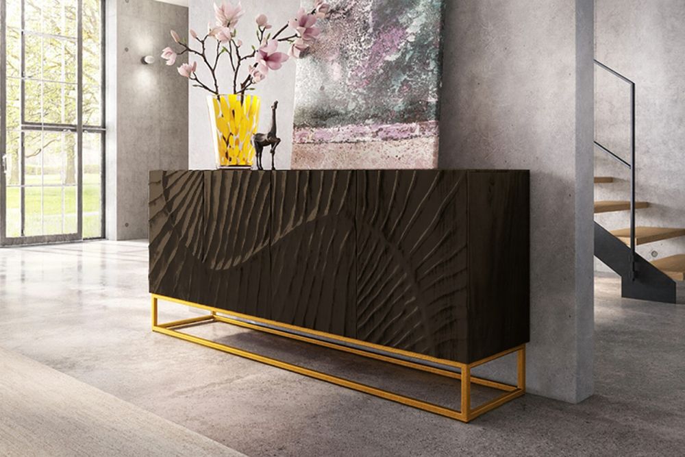 Massives Sideboard SCORPION 180cm schwarz Mangoholz aufwendige 3D Schnitzereien