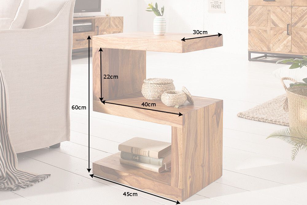 Handgearbeiteter Beistelltisch S 60cm braun Sheesham Massivholz stone finish Ablage