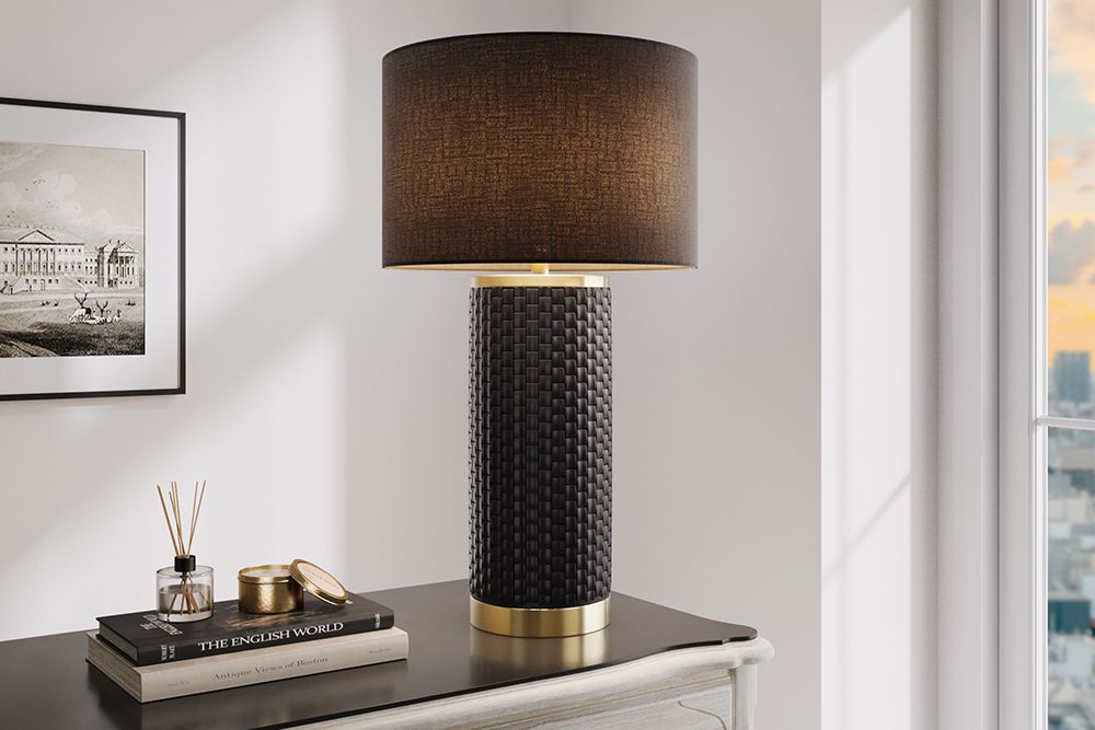 Moderne Tischlampe ELEGANCIA 70cm schwarz gold Keramik rund Stoffschirm